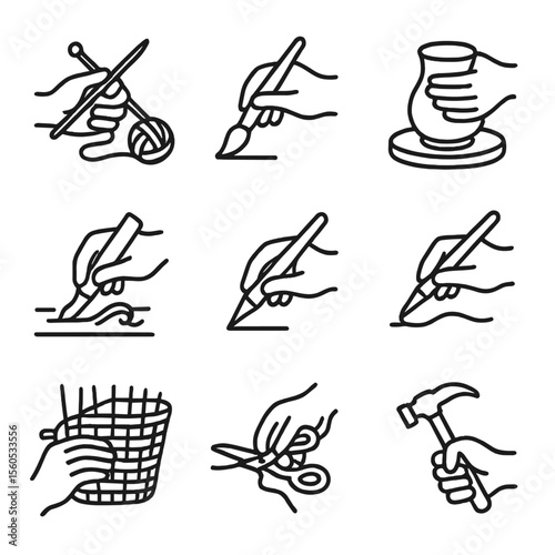 Manual Crafts Icons. Outline icon set of skilled manual crafts: hand knitting yarn, hand painting with brush, hand shaping clay,