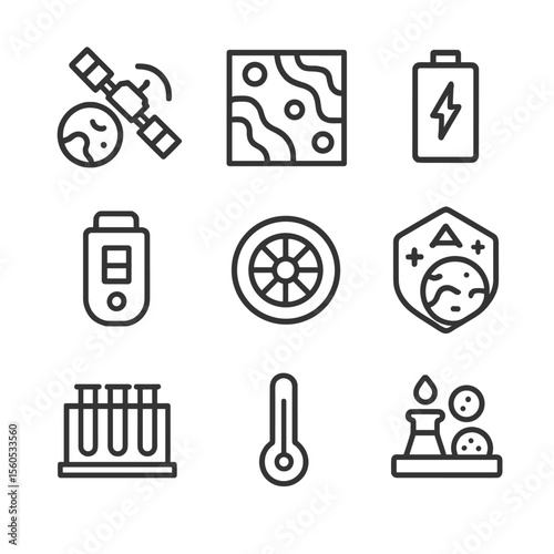 Mars Research Icons. Outline icon set of space science and Mars research: satellite orbiting Mars, Mars topography map, rover