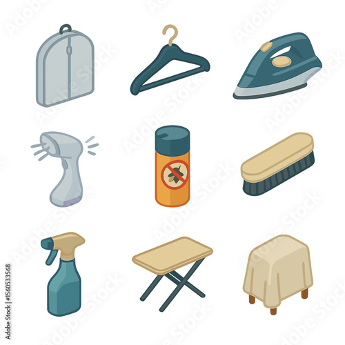 Dress Care Icons. Isometric Flat icon set of dress care and storage: garment bag, velvet hanger, steam iron, fabric steamer, moth
