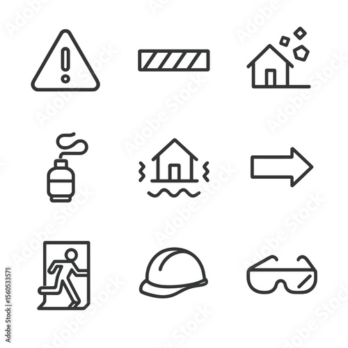 Safety Hazard Icons. Outline icon set of safety and hazard prevention: warning triangle, hazard tape, falling debris warning, gas