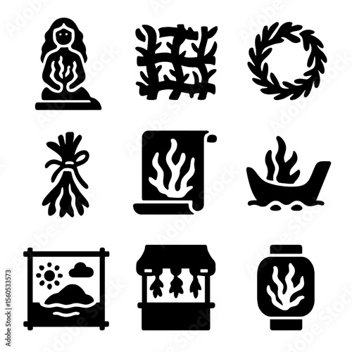 Cultural Seaweed Icons. Solid, Filled icon set of seaweed cultural motifs: sea goddess statue, coastal weaving pattern, dried