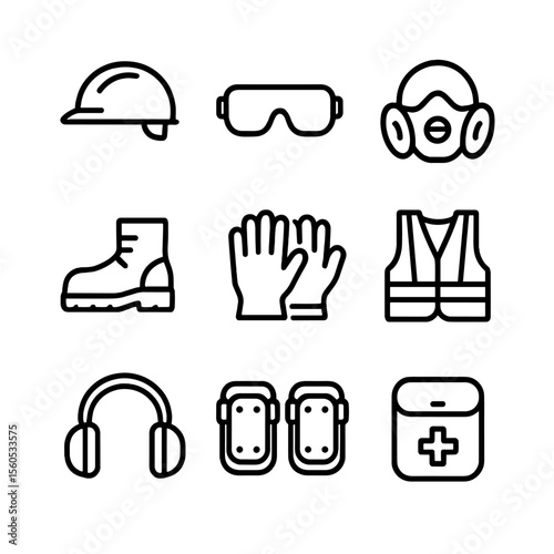 Safety Equipment Icons. Outline icon set of Safety Equipment for Collapse Sites: protective helmet, safety goggles, respirator