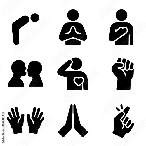 Cultural Gesture Icons. Solid, filled icon set of cultural gestures: bow, namaste, hand-over-heart, cheek kiss, salute, raised