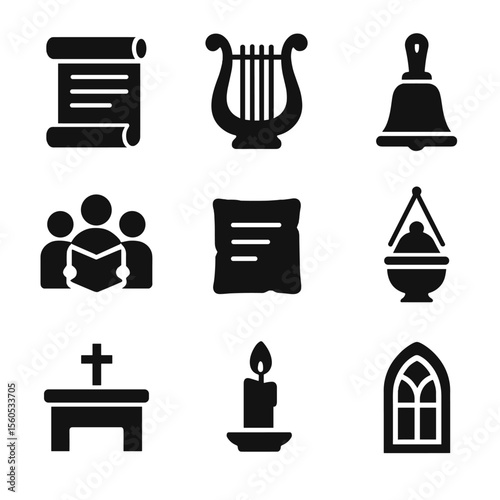 Early Christian Hymn Icons. Solid, filled icon set of early Christian hymn elements: ancient scroll, lyre, hand bell, choir,