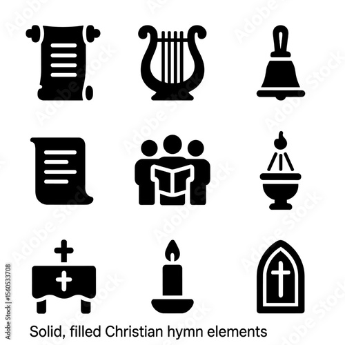 Early Christian Hymn Icons. Solid, filled icon set of early Christian hymn elements: ancient scroll, lyre, hand bell, choir,