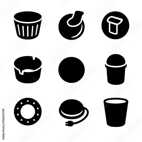 Cup Holder Accessories Icons. Solid, Filled icon set of cup holder accessories: removable silicone liner, spill-proof lid clip,