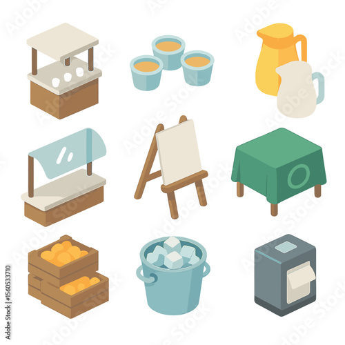 Sampling Station Icons. Isometric Flat icon set of sampling and tasting stations: tasting counter, sample cups, condiment jugs,