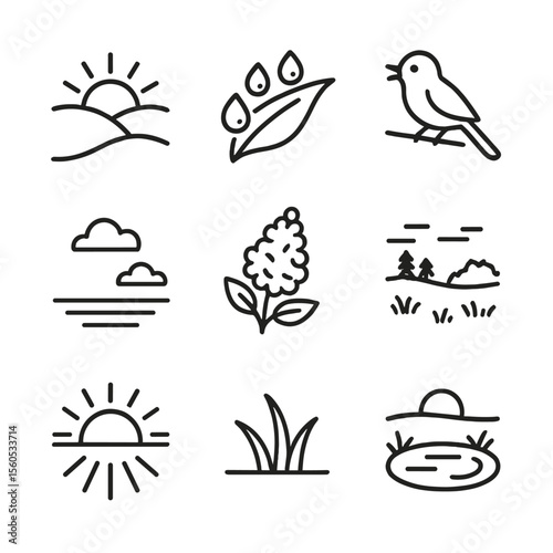 May Sunrise Icon Set. Outline icon set of May sunrise landscapes: rising sun above hills, morning dew drops, songbird on branch,