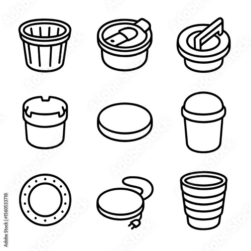 Cup Holder Accessories. Outline icon set of cup holder accessories: removable silicone liner, spill-proof lid clip, straw slot