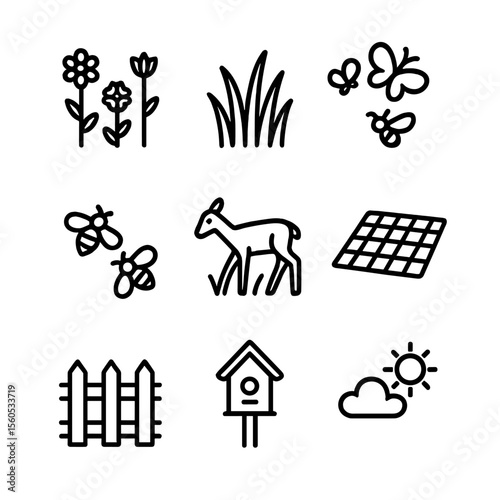 Meadow Icon Set. Outline icon set of meadows: wildflowers, tall grass, butterflies, buzzing bees, grazing deer, picnic blanket,