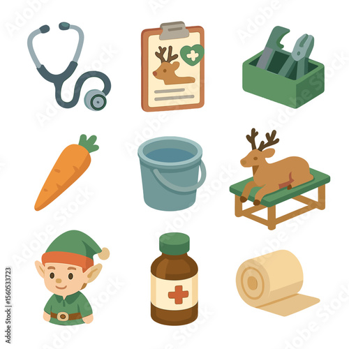 Santa's Reindeer Care Icons. Isometric Flat icon set of Santa’s reindeer health check: stethoscope, health chart, hoof care kit,