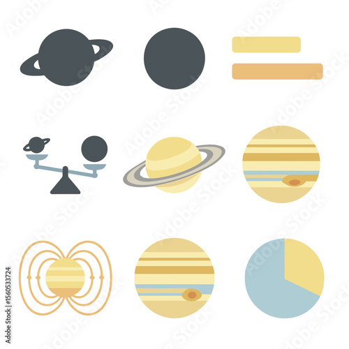 Saturn Jupiter Icon Comparison. Isometric Flat icon set of Saturn comparison to Jupiter: Saturn silhouette, Jupiter silhouette,
