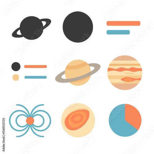 Saturn Jupiter Icon Comparison. Isometric Flat icon set of Saturn comparison to Jupiter: Saturn silhouette, Jupiter silhouette,