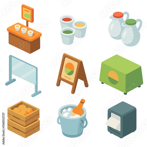 Sampling Station Icons. Isometric Flat icon set of sampling and tasting stations: tasting counter, sample cups, condiment jugs,