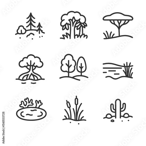 Earth Biomes Icon Set. Outline icon set of Earth’s ecosystems and biomes: tundra patch, tropical rainforest canopy, savanna