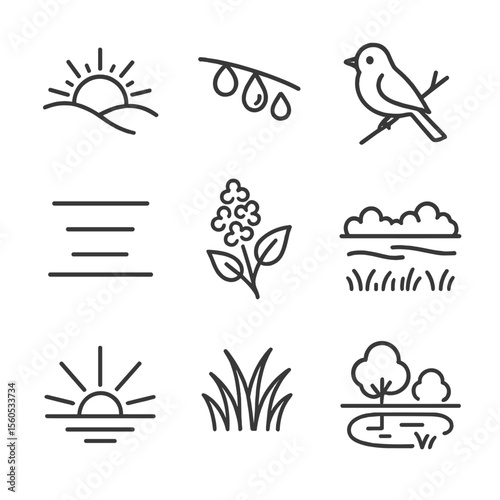 May Sunrise Icons. Outline icon set of May sunrise landscapes: rising sun above hills, morning dew drops, songbird on branch, pink