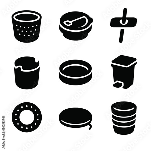 Cup Holder Accessories Icons. Solid, Filled icon set of cup holder accessories: removable silicone liner, spill-proof lid clip,