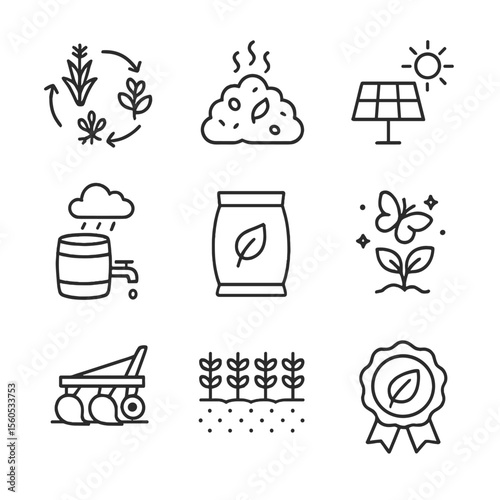 Earthnut Farming Icons. Outline icon set of Earthnut sustainable farming: crop rotation diagram, compost pile, solar panel,
