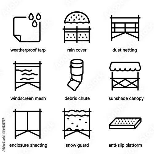 Scaffold Weather Protection Icons. Outline icon set of Scaffold Weather Protection and Covers: weatherproof tarp, rain cover, dust