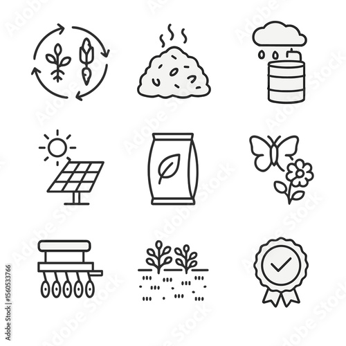 Earthnut Farming Icons. Outline icon set of Earthnut sustainable farming: crop rotation diagram, compost pile, solar panel,