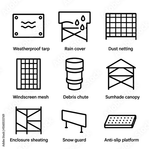Scaffold Weather Protection Icons. Outline icon set of Scaffold Weather Protection and Covers: weatherproof tarp, rain cover, dust