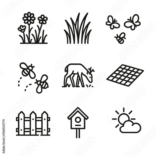 Meadow Icon Set. Outline icon set of meadows: wildflowers, tall grass, butterflies, buzzing bees, grazing deer, picnic blanket,