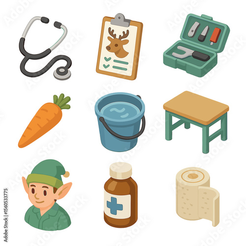 Santa's Reindeer Care Icons. Isometric Flat icon set of Santa’s reindeer health check: stethoscope, health chart, hoof care kit,