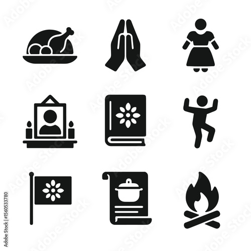 Cultural Tradition Icons. Solid, filled icon set of cultural traditions at home: holiday meal, prayer hands, traditional dress,