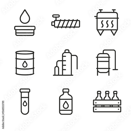 Earthnut Oil Icons. Outline icon set of Earthnut oil production: pressed oil drop, expeller screw, filtration unit, storage drum,