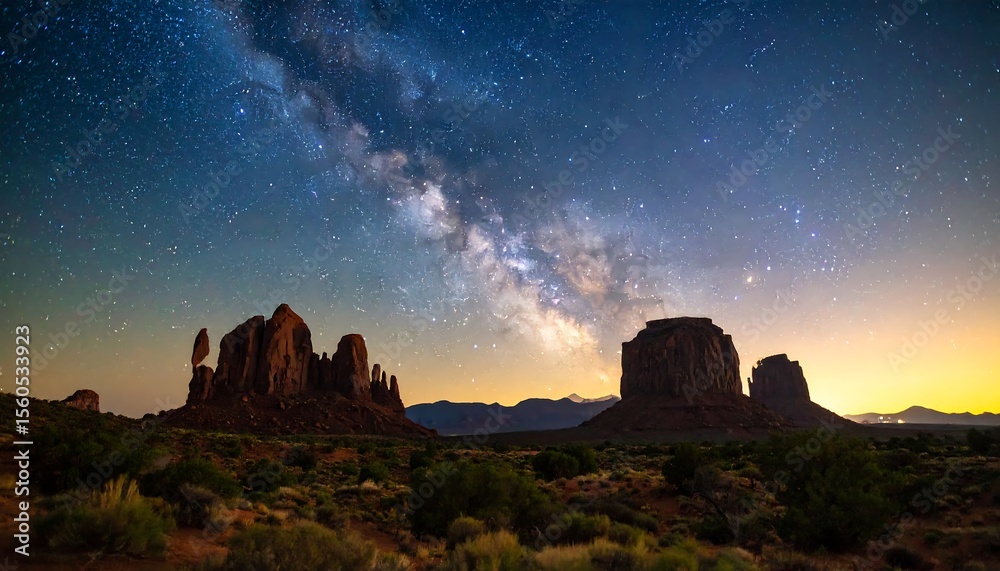 Obraz premium Breathtaking Milky Way sparkles above the stunning rock formations of Monument Valley at night in a natural landscape.