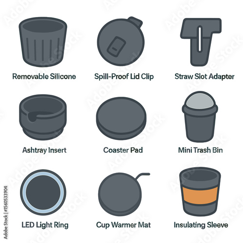 Cup Holder Accessories. Flat icon set of cup holder accessories: removable silicone liner, spill-proof lid clip, straw slot