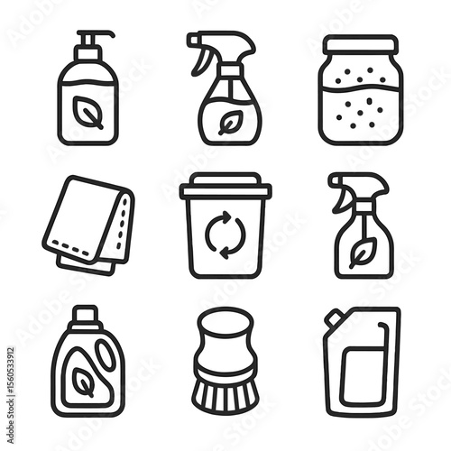 Eco Cleaning Icons Set. Outline icon set of Eco-Friendly Cleaning Products: biodegradable soap bottle, vinegar spray, baking soda