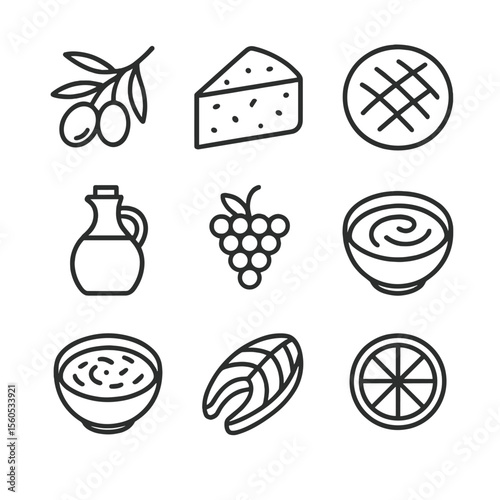 Mediterranean Diet Icons. Outline icon set of Mediterranean diet staples: olive branch, feta cheese wedge, pita bread, olive oil