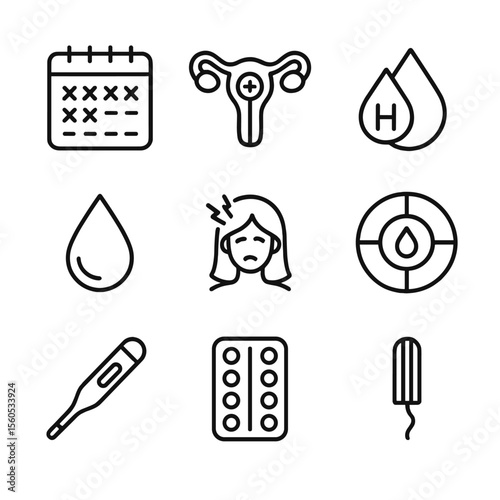 Menstrual Tracking Icons. Outline icon set of menstrual cycle tracking: calendar, ovulation ovary, hormone droplet, PMS headache,