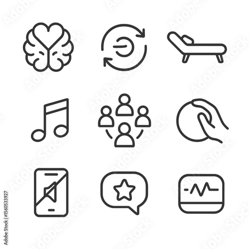 Mental Wellness Icons. Outline icon set of mental wellness practices: brain with heart, mindful breathing loop, therapy couch,
