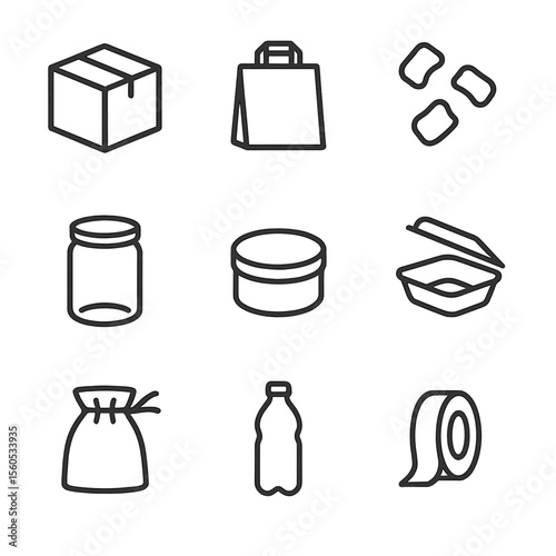 Eco Packaging Icons. Outline icon set of eco-friendly packaging: cardboard box, paper bag, biodegradable packing peanuts, glass