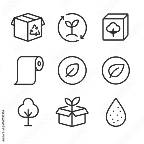 Eco Packaging Icons. Outline icon set of Eco-Friendly Packaging Icons: recycled box, biodegradable symbol, cotton box, kraft paper