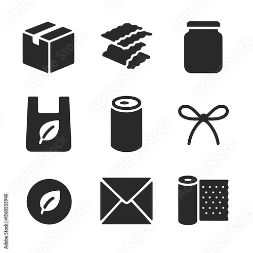 Eco Packaging Icons. Solid, filled icon set of eco packaging alternatives: cardboard box, paper filler, glass jar, biodegradable