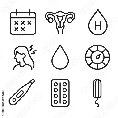Menstrual Tracking Icons. Outline icon set of menstrual cycle tracking: calendar, ovulation ovary, hormone droplet, PMS headache,