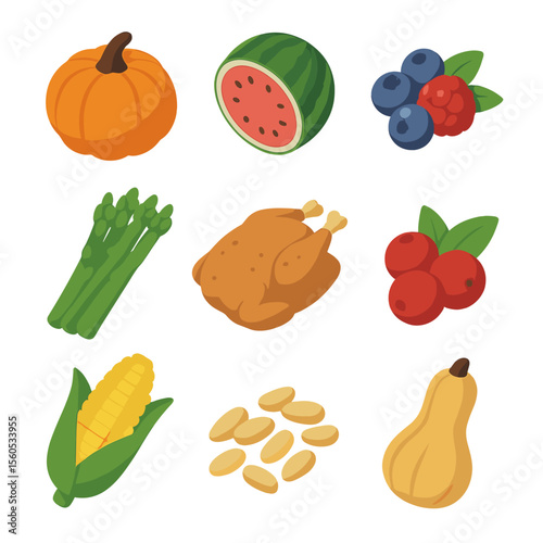 Seasonal Grocery Icons. Isometric Flat icon set of seasonal grocery items: pumpkin, watermelon, berries, asparagus, turkey,