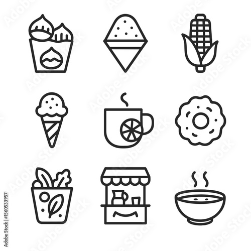Seasonal Street Food Icons. Outline icon set of seasonal street foods: roasted chestnuts, snow cone, grilled corn, ice cream cone,