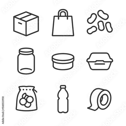 Eco Packaging Icons. Outline icon set of eco-friendly packaging: cardboard box, paper bag, biodegradable packing peanuts, glass