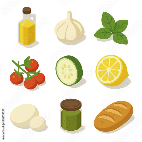 Seasonal Cooking Ingredients. Isometric Flat icon set of seasonal cooking ingredients: olive oil bottle, garlic bulb, basil leaves