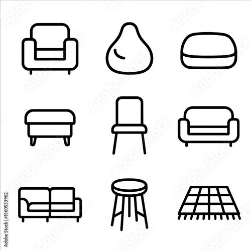 Seating Icon Set. Outline icon set of seating arrangements: armchair, bean bag, floor cushion, ottoman, dining chair, loveseat,