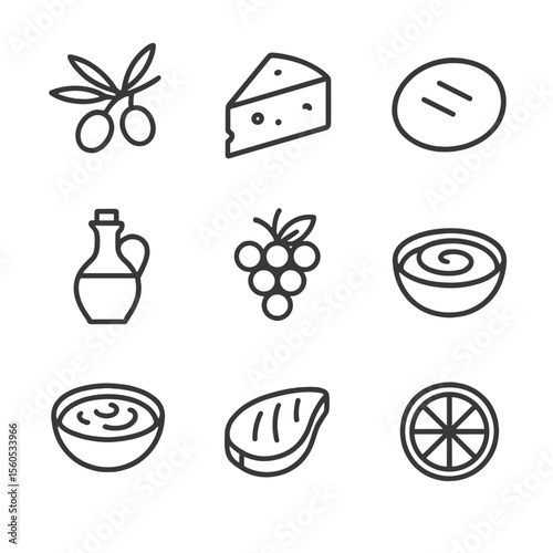 Mediterranean Diet Icons. Outline icon set of Mediterranean diet staples: olive branch, feta cheese wedge, pita bread, olive oil