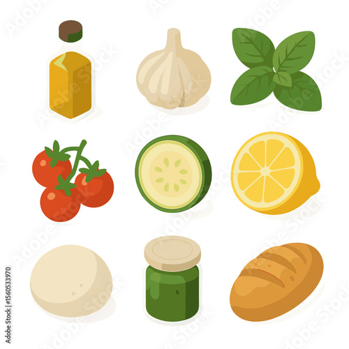 Seasonal Cooking Ingredients. Isometric Flat icon set of seasonal cooking ingredients: olive oil bottle, garlic bulb, basil leaves