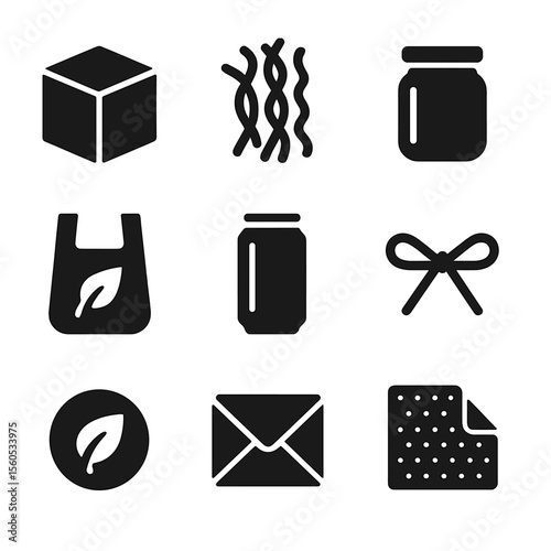 Eco Packaging Icons. Solid, filled icon set of eco packaging alternatives: cardboard box, paper filler, glass jar, biodegradable