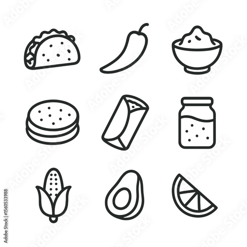 Mexican Cuisine Icons. Outline icon set of Mexican cuisine favorites: taco shell, chili pepper, guacamole bowl, tortilla stack,
