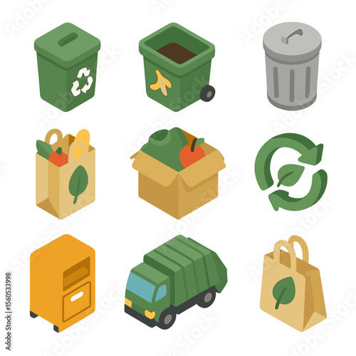 Eco-Friendly Icon Set. Isometric Flat icon set of grocery bag recycling and disposal: recycling bin, compost bin, trash can,