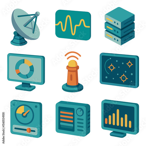 SETI Icon Grid. Isometric Flat icon set of SETI and technosignature search: radio telescope dish, signal waveform, data processing
